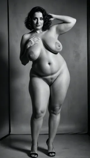 ((black and white photo:1.5)), (monochrome:1.5), ((black background)), "High-fashion editorial photography, full-body portrait of a 40-year-old woman, obese, wide hips, big ass, saggy breasts —posing with confident, seductive elegance. Her short, voluminous wavy brunette short french-bobcut playfully around her face, accentuating delicate feminine. She wears 18cm stiletto-heeled sandals, (thin straps, metallic or patent leather), emphasizing toned calves and arched feet. The composition highlights her legs—lithe, sculpted, and dominant in the frame—shot with dramatic chiaroscuro lighting, (hard directional light with deep shadows), to enhance texture and curvature. **Styling, ** Minimalist yet bold—perhaps a sheer draped fabric or thigh-high stockings for contrast, but primarily nude to celebrate natural anatomy with artistic precision. Background, muted luxury, (concrete loft, polished marble, or noir-inspired studio with hazy rim lighting), . **Mood, ** Leg fetishism as high art—powerful, controlled allure with vulgarity, stark, provocative, but impeccably tasteful. **Technical, ** 8K resolution, Fujifilm GFX100 realism, skin texture with faint pores/vascularity, hyper-detailed footwear.", <lora:sagging-000015:.2>, <lora:Torpedo_Tits_Anime-GMR-000007:.7>
