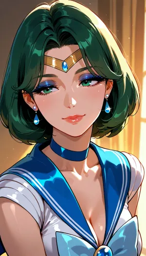 sailor mercury as milf, skinny tiny face, much warm bright light, smokey eyeshadow, flashphoto, highest quality, super detailed images, high resolution