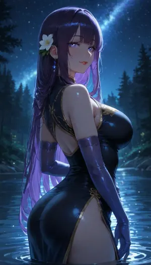 solo, (cold colors:1.8), summer night, light illuminates behind girl's hair, Temperate forest, big lake, (white flower in hair), mature, purple hair, (sparkling eyes:1.2), (glowing eyes:1.1), slim body, tall, dark-blue eyes, gentle eyes, (red lipstick:.9), (long eyelashes:.7), straight bangs, beautiful night sky, countless bright stars, milky way, in lake, red cheongsam with skirt, sideview, smile, looking at viewer, cute pose, silk gloves