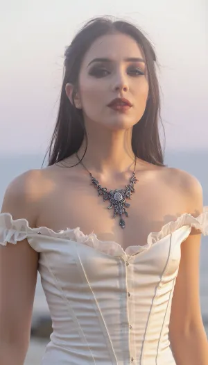 A vertical cinematic portrait with an ethereal, soft-focus aesthetic, defined by diffused light. The subject is an enigmatic young woman, framed from the chest up, with long dark hair and wispy strands that have a soft, luminous halo. She wears elegant smoky makeup and soft full lips a deep matte. She is dressed in a smooth ivory silk front-closing corset top featuring a straight-cut neckline with raw, tattered, gossamer ruffles along the top edge accented by an intricate antique silver gothic necklace. The scene is enveloped in a powerful but diffused golden-hour glow from the side, which creates a luminous light bloom on her skin and the fabric, dissolving sharp edges in an ethereal haze. The background is a very blurred, dreamlike pastoral pastel lavender-gray coastal sky, soft and bright. The overall mood is serene sensuality. Shallow depth of field, subtle film grain. This is a high-key photograph.