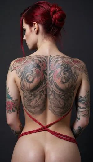 The person in the image is shown from the back and is facing away from the viewer, with their head turned slightly to the right. Their body is adorned with elaborate and colorful tattoos that cover their back, shoulders, and arms, depicting what appear to be mythical creatures and intricate patterns. A thick, vibrant red rope is tightly bound around the person's upper arms and chest, creating a visually striking contrast with the tattoos and skin. The person's posture is somewhat stiff, with their arms held close to their body. Their skin tone appears pale. The hair is dark with streaks of red or purple, styled in a way that suggests a modern cut. The background is solid black, which serves to highlight the subject and the detailed artwork on their skin. No specific facial expression can be seen due to the angle, but the overall presentation suggests a deliberate artistic composition.