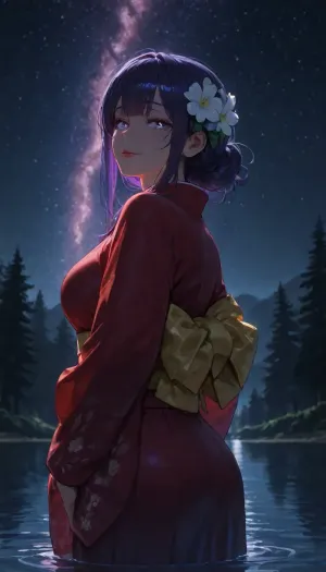 solo, (cold colors:1.8), summer night, light illuminates behind girl's hair, Temperate forest, big lake, (white flower in hair), mature, purple hair, (sparkling eyes:1.2), (glowing eyes:1.1), slim body, tall, dark-blue eyes, gentle eyes, (red lipstick:.9), (long eyelashes:.7), straight bangs, beautiful night sky, countless bright stars, milky way, in lake, red kimono with skirt, sideview, smile, looking at viewer, cute pose