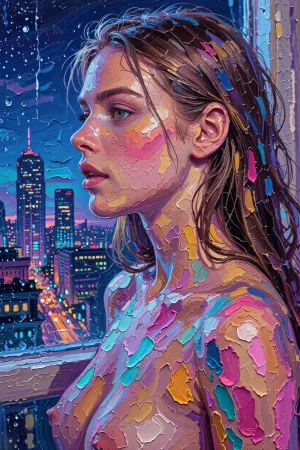 A masterpiece—an expressive painting created using a rough acrylic impasto technique. It is a portrait of a beautiful young woman with bare breasts, gazing out the window at a city at night lit by neon lights. Thick impasto and a dense texture of distinct layers of paint feature clearly visible, voluminous palette knife strokes. The entire painting is a textured mosaic of paint. Bold strokes of magenta, bright cyan, pink, and yellow replace all smooth skin textures. The rough texture of the canvas and the intense contrast make this a high-quality work of art.