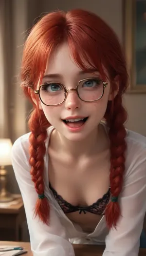 (Irish princess:1.5), (large semicircular glasses:1.6), (joyful:1.5), at the table, in a blouse, jeans, (in a completely transparent lace bra), with red strands, leaning forward, (freckles on her face:1.9), excited expression, black eyeliner eye shadow, eye shadow, (hair braided in two pigtails:1.2), bangs, red hair, (thin:1.1), (small breasts), 8K, UHD, front view, blouse unbuttoned, <lora:SlimeGirl:.8>