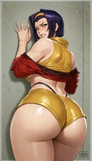 Faye Valentine from cowboy bebop, adult human woman, beautiful woman. she's crying, tears, iconic outfit she's terrified, pain, sweating, crying, wet body, ultra detailed outfit, she's crying, she's suffering, teeth clenched, she's terrified, high resolution, uncensored, hyper-detailed outfit, beautiful women, eyes beautiful, azasuke wind style, azasuke_wind art style, ass view, <lora:add-detail-xl:2>, <lora:shinkiro_XL_v2:2>, <lora:style61-a31-000015:2>