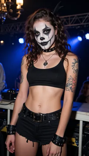 18yo juggalo girl at a concert, athletic build, skimpy punk clothes, black and white poorly applied clown makeup, scary clown