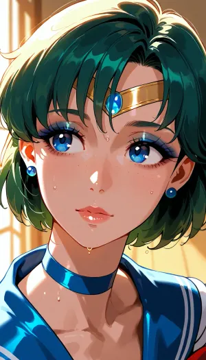 sailor mercury, skinny tiny face, much warm bright light, smokey eyeshadow, flashphoto, highest quality, super detailed images, high resolution