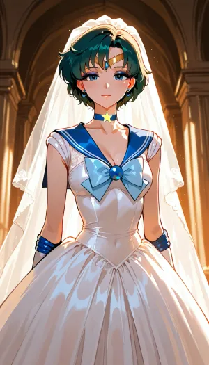 sailor mercury, wedding dress, skinny tiny face, much warm bright light, smokey eyeshadow, flashphoto, highest quality, super detailed images, high resolution