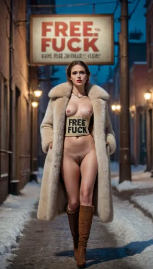 Fashion editorial, movie poster quality, 3/4 body view, hd portrait, a nude gorgeous model is posing next to a sign WITH "FREE FUCK" on it, open fur waistcoat, fur boots, downtown alley, night, ironic or kitsch, in the style of Ivan Aivazovsky, in the style of The Godfather movie, <lora:BetterTextRedmond:1>