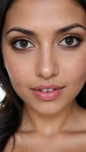 30 YEAR OLD PAKISTAN BIMBO SLUT, IN FRONT OF VIEWER, VERY EXTREMELY EXTREMELY CLOSE UP, FACE & BREASTS DIRECTLY IN VIEWERS FACE, FACE TO FACE, DIRECTLY IN FRONT OF VIEWER, LARGE BIG BOOBS, VERY CLOSE UP, BENDING FORWARD, DARK FACE, VERY DARK SKIN, GOOD LIGHTING, LONG NATURAL BLACK HAIR, BIG BLACK EYES, BIG BIMBO LIPS, SMILING, SLUT, PERFECT FACE, LUSTFUL APPEARANCE