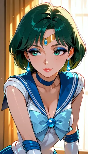 sailor mercury as milf, skinny tiny face, much warm bright light, smokey eyeshadow, flashphoto, highest quality, super detailed images, high resolution