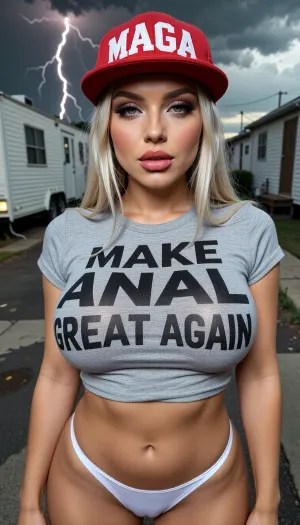amateur smartphone frontal picture of a dirty looking trailer park young slender very busty dim woman with straight dry platinum blonde hair, (a youthful round maralago face:5), (excessive bimbo makeup:10), (thick full lips with bright lipstick, thick dark eyeliner, bright eyeshadow, long eyelashes with mascara), short torso, She's only wearing tiny tight white thong panties and a tight grey shirt that has printed words on it, MAKE ANAL GREAT AGAIN, red baseball cap with clearly legible inscription MAGA, hint of cameltoe, tornado skies, lightning strike---
focus on face, shallow depth of field
