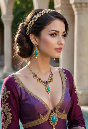 masterpiece, best quality, ultra-detailed, 8k, photorealistic, (A gorgeous Turkish woman:1.35), stunningly beautiful face, delicate features, seductive dark eyes with perfect makeup, long voluminous wavy black hair styled in elegant updo with loose strands, wearing intricate golden filigree headband with floral patterns and dangling chains, large ornate golden teardrop earrings with turquoise stones, delicate golden necklace with large turquoise pendant, (deep burgundy-purple traditional Turkish dress with rich golden floral embroidery:1.3), luxurious fabric, deep V-neckline, long sleeves, standing at the edge of an ancient Eastern stone multi-tiered fountain—a highly detailed, richly decorated stone fountain in the Ottoman style, intricate Islamic carvings and arabesque patterns, turquoise and blue Iznik-style ceramic tiles with golden accents, multi-tiered structure with carved spouts and basins, clear water cascading from multiple levels creating sparkling splashes and droplets in the air, sunlight reflecting on wet stone and flowing water, sunlit historic courtyard with stone arches and ancient walls in soft focus background, warm golden hour lighting, volumetric god rays, cinematic composition, elegant pose, serene and captivating expression, looking slightly down and to the side, perfect anatomy, sharp focus, intricate details, glossy skin, realistic water physics, architectural accuracy