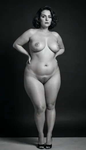 ((black-and-white photo:1.5)), (monochrome:1.5), ((black background)), “A fashion editorial photograph, a full-length portrait of a 40-year-old woman with obesity, wide hips, a large butt, and small sagging breasts, posing with confident, seductive grace. Her short, voluminous wavy hair with a French bob-style fringe playfully frames her face, emphasizing her refined femininity.” She is wearing 18 cm high stiletto sandals, which accentuate her toned calves and arch. The composition highlights her legs — slender, defined, and dominant in the frame — captured with dramatic chiaroscuro, (directional light with deep shadows), to emphasize their texture and curves. **Style, ** minimalist yet bold, thigh‑high stockings for contrast, but primarily a nude shot to emphasize natural anatomy with artistic precision. The background is dark. **Mood, ** foot fetishism as high art — powerful, controlled allure with a touch of vulgarity, sharp and provocative, yet with impeccable taste. **Technical processing, ** 8K resolution, Fujifilm GFX100 realism, skin texture with barely noticeable pores and blood vessels, moles, tan lines and cellulite, ultra‑detailed footwear., <lora:Torpedo_Tits_Anime-GMR-000007:.4>