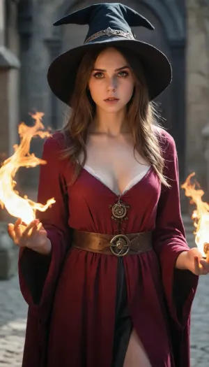 Wizard School, Realistic photography, Fantasy, magical, medieval, solo, 1girl, mage, mage robe, short dress, mage hat, long hair, round face, big bright eyes, broad shoulder, deep collarbone, squeezed cleavage, slim waist, angry, burning rage, detail background, backlight, magic circle