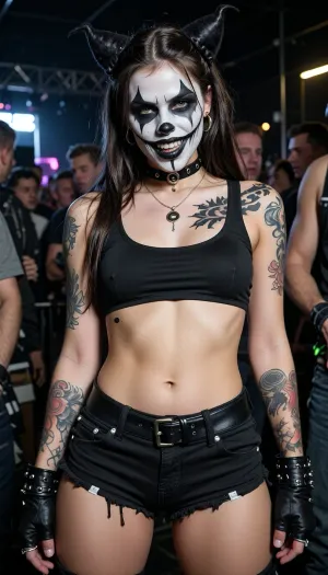 18yo juggalo girl at a concert, athletic build, skimpy punk clothes, black and white poorly applied clown makeup, scary clown, tattoos