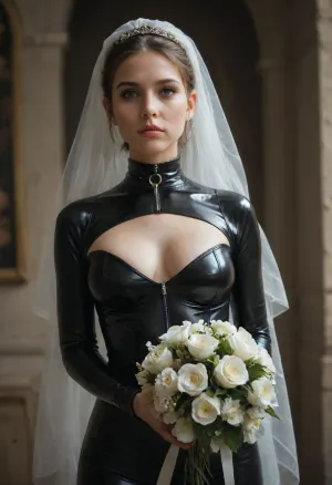 8K UHD, realistic masterpiece, maximum quality, maximum details, maximum realism, score 9, score 8 up, score 7 up, (((visible uncovered eyes))), wearing black gas mask, bdsm collar, skin tight full black latex catsuit, dominatrix, sagging boobs, big hips. Leash. White bride veil, large white tiara, white flowers bouquet holding up in hand, clean cutout, monimalibuSDXL, <lora:Saggo_XL:1.2>, <lora:monimalibuSDXL-000008:1.4>