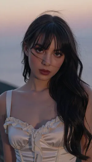 A dreamy cinematic portrait of a young woman on a seaside cliff at dusk, backlit by a hazy low sun. She has long dark wavy hair with wispy bangs blowing across her face.
Smoky eye makeup frames are large eyes and her full soft lips are painted a deep berry.
She wears an ivory vintage-inspired satin corset top with delicate ruffles.
She gazes sensually straight into the camera, unsmiling and pensive. The sky behind her is a soft lilac-to-peach gradient above a blurred ocean horizon. Shot on 35mm film with a shallow depth of field, warm rim light, soft haze and halation, fine grain, muted pastel tones, melancholic and ethereal.