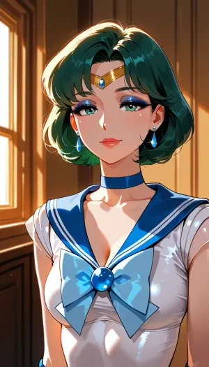 sailor mercury as milf, skinny tiny face, much warm bright light, smokey eyeshadow, flashphoto, highest quality, super detailed images, high resolution