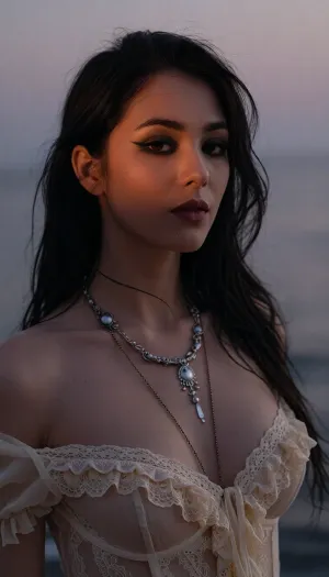 Vertical cinematic portrait of an enigmatic young adult woman standing by the ocean at dusk, framed from the chest up. Long, slightly tousled black hair with soft wispy strands around her face, dramatic smoky eye makeup, muted dark rose lips, calm distant expression looking just past the camera. She wears a soft ivory vintage-inspired lace corset top with delicate ruffles and layered antique silver necklaces. Warm low sunset light falls across one side of her face and shoulder, contrasting with cool lavender-gray evening tones in the sky and sea behind her. Dreamy romantic gothic coastal mood, soft-focus background, subtle haze, gentle film grain, slightly blurred edges, nostalgic early-2000s music-video aesthetic, moody editorial beauty photography, natural skin texture, shallow depth of field, quiet melancholic atmosphere.