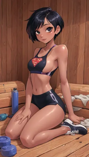(innv meets jack cayless style), (reiq style, masterpiece, cel-shaded, limited color palette), ((Beautiful Muscles Sexy Lois lane from my adventures with superman cartoon body:1.3)), (1girl, solo, alone, 23 year old woman), ((black tanned skin:1.7)), (Korean-American female body), (black short hair Short cut pixie very short undercut hair:1.6), (gorgeous, seductive face, athletic breast, athletic body, athletic hands, athletic arms, athletic legs, slender athletic body frame), (yoga bra), (yoga shorts), (yoga shoes), (workout posing), (wood, sauna background:1.3), ultraviolet light, LoL, Style, cute, doodle, dark, skin, <lora:LCMTurboMix_Euler_A_fix:1.7>, <lora:mk_Bp Anime_xl:1.7>, <lora:cartoon_stickers_xl_v1:1.9>, <lora:cutedoodle_XL-000012:1.5>, <lora:Darker_skin_SDXL:1.2>