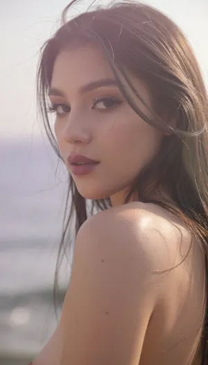 A vertical cinematic portrait of an enigmatic young Latina woman as she glances back over her shoulder, with an ethereal, soft-focus aesthetic, defined by diffused light. Her long dark hair is suffused in a soft luminous halo as it falls loosely across her face and obscuring her elegant facial features. She wears dark smoky makeup and long feathery eyelashes that highlight her oversized sensual eyes, while her soft full lips are a deep matte berry. She has high sharp cheekbones and a small mouth and chin.

The scene is enveloped in a powerful but diffused golden-hour glow from the side, which creates a luminous light bloom on her skin, dissolving sharp edges in an ethereal haze. The background is a very blurred, dreamlike pastoral pastel lavender-gray coastal sky, soft and bright. The overall mood is serene contentment. Shallow depth of field, subtle film grain, light leaks, vintage analog lens. This is a high-key photograph.