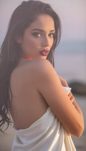 A vertical cinematic portrait of an sultry Latina woman as she glances back over her shoulder, with an ethereal, soft-focus aesthetic, defined by diffused light. Her long dark hair falls loosely across her face and obscures her delicate facial features. Her long feathery eyelashes and dark smoky makeup highlight her sensual eyes.
Her soft full lips are a dark matte berry. She has prominent cheekbones and huge expressive eyes.

She is draped sensually in an elegant smooth ivory silk bedsheet accentuating her slender body, arms pressed across her chest to hold the sheet close to her body, her outline suffused in a soft luminous halo.

The scene is enveloped in a powerful but diffused golden-hour glow from the side, which creates a luminous light bloom on her skin, dissolving sharp edges in an ethereal haze. The background is a very blurred, dreamlike pastoral pastel lavender-gray coastal sky, soft and bright. The overall mood is serene confident sensuality and anticipation. Shallow depth of field, subtle film grain, light leaks, vintage analog lens. This is a high-key photograph.