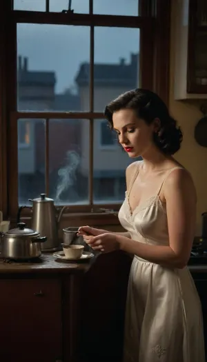 Late at night in the same desperately poor 1940s apartment, she stands alone in the tiny shabby kitchen preparing fresh coffee on an old gas stove.

She wears a simple vintage ivory satin nightdress with delicate lace trim. The fabric is visibly damp from the rain and clings naturally to the body without becoming transparent. Her dark hair is set in numerous vintage curlers. She has vivid red lipstick and tired but glamorous Hollywood makeup. A cigarette hangs casually from the corner of her mouth, with a thin trail of smoke rising into the warm light.

She holds an old coffee pot over a small gas flame. Steam rises from the freshly brewed coffee.

The kitchen is extremely modest, peeling paint, cracked plaster, old chipped cabinets, worn enamel cookware, a scratched wooden table, mismatched cups, an old refrigerator and a rain-covered window showing blurred city lights outside.

Moody late-night atmosphere, cinematic 1940s film noir, intimate medium shot, warm tungsten light mixed with cool blue moonlight from the window, realistic smoke and steam, deep shadows, natural skin texture, subtle halation, restrained film grain, authentic analog photography, sophisticated sensuality, no modern objects.