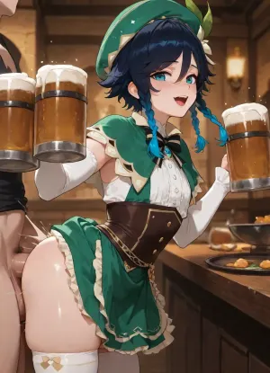 4k resolution, high definition, highly detailed, best possible quality, femboy, Venti from Genshin Impact, tiny, petite, flat-chested, cock and balls, (Serving beer to tables in large mugs), ((Venti clothes)), in tavern, beer in hands, have anal sex with man from behind, (masterpiece, best quality, highres)