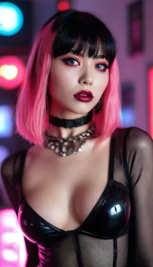 (glossy cover style), retrowave style, three-quarter turn, upper body view, focus on tits, tits close-up, young beautiful goth Korean girl 25 years old, feminine face, bare chest, large breast implants, nude tits, (girl squeezes her breasts:1.2), skinny, thin face, full lips, big eyes, small nose, rocker style, (black makeup), (black lipstick:1.2), violet makeup, pink makeup, (girl licks her lips), lustful face, black hair, (bob hairstyle:1.2), short straight hair, pink strands of hair, very long bangs, (pink bangs:1.2), (topless), (pierced nipples), choker, bedroom cyberpunk style, room in a rocker style, rocker posters on the walls, (dark:1.3), night, neon lights, (highly detailed face:1.3), <lora:MJ52:.8>, puffy, nipples, dark, ghost, wide, <lora:Nipples XL:.8>