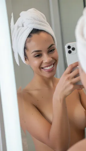 A high-quality, candid photograph captured through a mirror reflection of a young, radiant woman in her 20s with African American features and a bright, joyful smile. She has Ultra realistic skin texture with blemishes, visible pores. skin pores, natural skin, Realistic textures, detailed skin texture. She is naked, with her dark hair neatly wrapped in a plush, white terry-cloth towel turban.

She is holding a smartphone up to take a selfie, her arm gracefully extended, with her eyes crinkling in genuine happiness. The expression is playful, confident, and relaxed. The lighting is soft, natural, and bright, typical of a clean, minimalist bathroom setting, creating a fresh and airy atmosphere. The reflection is crisp, with the mirror frame forming a sharp vertical border on the left. The composition is a portrait-style, close-up shot that emphasizes her expressive face and upbeat demeanor. The color palette is dominated by clean whites, soft creams, and natural skin tones, giving the image a clean, contemporary, and lifestyle aesthetic. The background is slightly blurred, maintaining focus on the subject. Professional photography, shallow depth of field, high resolution, authentic moment.
