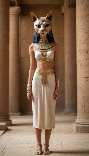 (setting and entourage of ancient Egypt), inside pyramid, skinny female with cathead, (cat girl, furry, cat face), authentic ancient Egypt outfit, (stylized cat head instead of human, cat head like on ancient Egypt pictures:1.7), feline head, <lora:SDXL-HuMeow-LoRA-r8-000003:.8>