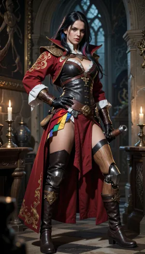 Ezmerelda d’Avenir, late 20s Vistana monster hunter, long dark hair with streaks of color, piercing brown eyes, bold confident expression, crimson coat with gold embroidery, leather armor, colorful sash, tall boots, prosthetic leg of wood and metal, solemn Gothic candlelit background, traditional European oil painting, textured brushwork, chiaroscuro lighting.