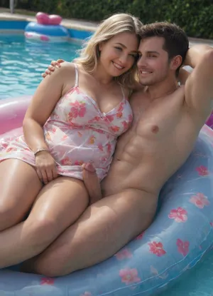 Pool, sunny day., (chubby milf:1.2), in, (floral modest sundress:1.3), blonde hair, perfect teeth., (Fit naked man:1.3), erected penis exposed. Happy, smiling, (resting together on large inflatable float:1.5), cuddle, holding hands, looking at penis