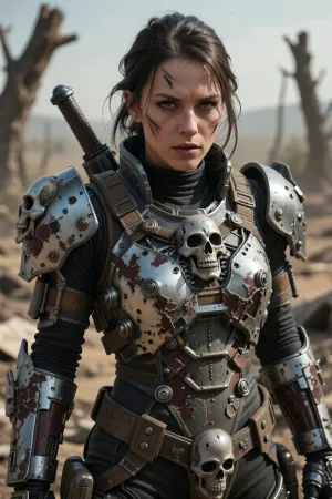 (female post apocalyptic raider in power armor), fallout, fallout game, view from front, solo woman, beautiful scarred face, scars, (power armor:1.3), armor decorated with skulls and scrap metal, wasteland, realistic, highly detailed, high detail hair, action pose, low resolution photo, taken with an early 2000s camera phone, harsh flash, digital noise, compression artifacts, washed-out colors, handheld snapshot, poor lighting, realistic mobile photo aesthetic, (grainy photo:1.2), (mobile photo aesthetic:1)