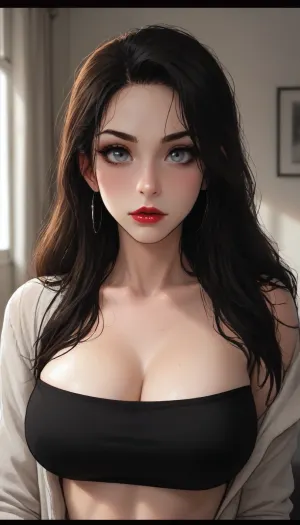 ((Melkor mancin mix markgavatino)), (incase style:1.2), masterpiece sexy big grey eyes, solo, bimbo body, perfect hourglass, huge breasts, goth makeup, ultra bright red lipstick, ((very long black hair)), black tube top, face portrait