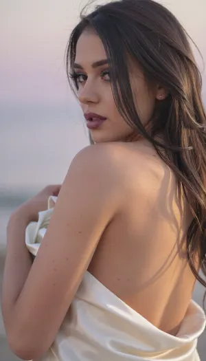 A vertical cinematic portrait of an sultry Latina woman as she glances back over her shoulder, with an ethereal, soft-focus aesthetic, defined by diffused light. Her long dark hair falls loosely across her face and obscures her delicate facial features. Her long feathery eyelashes and dark smoky makeup highlight her sensual eyes.
Her soft full lips are a dark matte berry. She has prominent cheekbones and huge expressive eyes.

She is draped sensually in an elegant smooth ivory silk bedsheet accentuating her slender body, arms raised to hold the sheet close to her body, her profile suffused in a soft luminous halo.

The scene is enveloped in a powerful but diffused golden-hour glow from the side, which creates a luminous light bloom on her skin, dissolving sharp edges in an ethereal haze. The background is a very blurred, dreamlike pastoral pastel lavender-gray coastal sky, soft and bright. The overall mood is serene sensuality. Shallow depth of field, subtle film grain, light leaks, vintage analog lens. This is a high-key photograph.