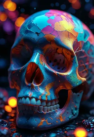 a voronoi of a skull, vibrand colors, blacklight background, /KlTTY-ART/, <lora:COMFYUI_mimic_landscape_-_XL_SDXL v2.0:.1>, <lora:attractive_notrigger:.1>, <lora:MJ52:.1>, <lora:flat_chested_v3.5:.1>