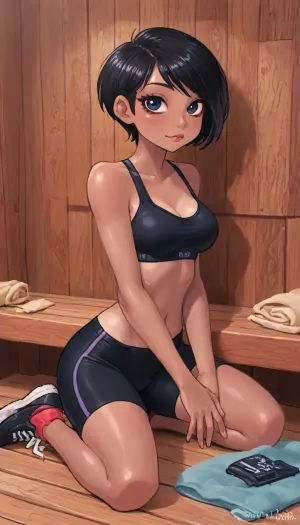 (innv meets jack cayless style), (reiq style, masterpiece, cel-shaded, limited color palette), ((Beautiful Muscles Sexy Lois lane from my adventures with superman cartoon body:1.3)), (1girl, solo, alone, 23 year old woman), ((black tanned skin:1.7)), (Korean-American female body), (black short hair Short cut pixie very short undercut hair:1.6), (gorgeous, seductive face, athletic breast, athletic body, athletic hands, athletic arms, athletic legs, slender athletic body frame), (yoga bra), (yoga shorts), (yoga shoes), (workout posing), (wood, sauna background:1.3), ultraviolet light, LoL, Style, cute, doodle, dark, skin, <lora:LCMTurboMix_Euler_A_fix:1.7>, <lora:mk_Bp Anime_xl:1.7>, <lora:cartoon_stickers_xl_v1:1.9>, <lora:cutedoodle_XL-000012:1.5>, <lora:Darker_skin_SDXL:1.2>