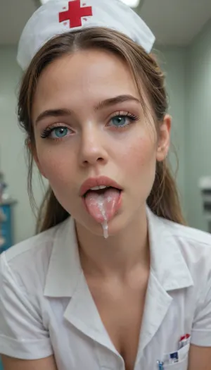 Young slutty nymphomaniac nurse holds a glass overflowing with cum, licking glas, cum on tongue, enjoying cum, hospital room, laboratory, nurse, slutty costume, glas full of cum