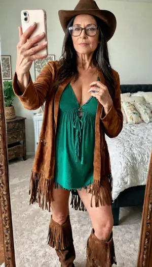 Full figure 56 year old GILF, Black hair with gray streaks, long hair, black glasses, sagging chest, wearing a green dress, brown suede fringed moccasins knee high boots, brown western suede jacket with fringe nn bottom and fringe down the arms, brown cowboy hat, taking selfie of herself, full lenth mirror in her bedroom, Staning taking a selfie infront of a mirror, fully clothes, tities covered, TkSelf, taking, selfie, <lora:TakeSelfie.0.9.Beta:.8>