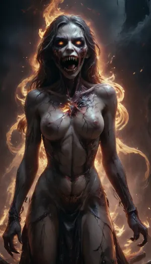 Highly detailed, ultra-realistic, extremely terrifying portrait of a female figure standing in a thick, foggy, fiery hell at night, wearing a long, very tattered black dress, long gray hair., (((horrible demonic face with blazing eyes, rotten, bared teeth, decomposed skin, and ancient scars))), (((large bare breasts))), (both hands carefully holding a torn out glowing fiery heart), ((heart burning with intense bright orange-yellow flames and sparks)), . The heart is a bright source of light illuminating the scene. Thick, billowing smoke and thick white fog surround the figure., (In the background, tall, dark blurred silhouettes of naked bodies), ., (Dark, gloomy atmosphere of pure horror and fear), . large sharp claws on the hands, Perfect centered composition. Front view. Medium shot., (Perfect pose with hands gently folded around burning hearts), . Cinematic lighting. Sharp focus. Delicate fabric details on the robe. Volumetric fog. Maximum resolution, 8k, ultra-detailed, photorealistic., open. mouth, Infernal, style, Midjourney, MJ, poster, manga, anime, z4mbi, portrait, zombie, abyss, girl, open, mouth, <lora:Midjourney_style:1>, <lora:Midjourney Image Enhancer XL v1:1>, <lora:InfernalStyleXL-000006:1>, <lora:ZombiePortraitXL_v1:1>, <lora:abyss_girl:1>
