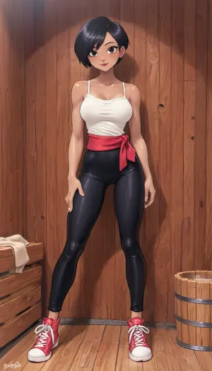 (innv meets jack cayless style), (reiq style, masterpiece, cel-shaded, limited color palette), ((Beautiful Muscles Sexy Lois lane from my adventures with super man cartoon body:1.5)), (1girl, solo, alone, 23 year old woman), ((black tanned skin:1.5)), (Korean-American female body), (black short hair Short cut pixie very short undercut hair:1.8), (gorgeous, seductive face, athletic breast, athletic body, athletic hands, athletic arms, athletic legs, slender athletic body frame), (white chotten Spaghetti neck Strap Shirt), (black tight spadix pants), (red Korean doll Shoes), (long Korean red sash in bow to the right side of her waist), (standing full body in view playful posing), (wood, sauna background:1.3), ultraviolet light, LoL, Style, cute, doodle, dark, skin, <lora:LCMTurboMix_Euler_A_fix:2>, <lora:mk_Bp Anime_xl:2>, <lora:cartoon_stickers_xl_v1:2>, <lora:cutedoodle_XL-000012:2>, <lora:Darker_skin_SDXL:2>