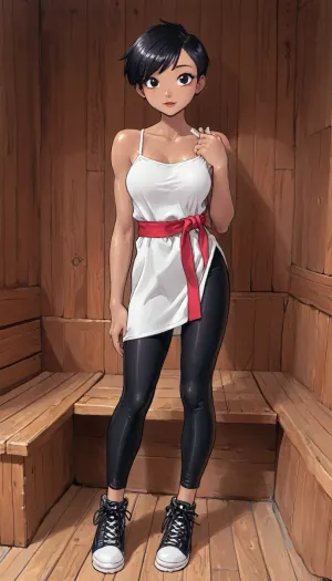 (innv meets jack cayless style), (reiq style, masterpiece, cel-shaded, limited color palette), ((Beautiful Muscles Sexy Lois lane from my adventures with super man cartoon body:1.5)), (1girl, solo, alone, 23 year old woman), ((black tanned skin:1.5)), (Korean-American female body), (black short hair Short cut pixie very short undercut hair:1.9), (gorgeous, seductive face, athletic breast, athletic body, athletic hands, athletic arms, athletic legs, slender athletic body frame), (white Spaghetti Strap Shirt), (black tight spadix pants), (Korean dress Shoes), (long Korean red sash tide in bow to the right side of her waist), (standing playful posing), (wood, sauna background:1.3), ultraviolet light, LoL, Style, cute, doodle, dark, skin, <lora:LCMTurboMix_Euler_A_fix:2>, <lora:mk_Bp Anime_xl:2>, <lora:cartoon_stickers_xl_v1:2>, <lora:cutedoodle_XL-000012:2>, <lora:Darker_skin_SDXL:2>