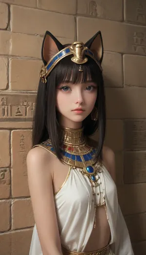 (setting and entourage of ancient Egypt), inside pyramid, skinny female with cathead, (feline girl, furry, cat face), (authentic ancient Egypt outfit:1.7), (stylized feline head instead of human, cat head like on ancient Egypt on-wall pictures:1.7)