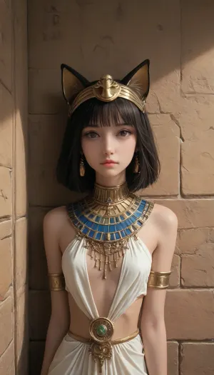 (setting and entourage of ancient Egypt), inside pyramid, skinny female with cathead, (feline girl, furry, cat face), (authentic ancient Egypt outfit:1.7), (stylized feline head instead of human, cat head like on ancient Egypt on-wall pictures:1.7), <lora:SDXL-HuMeow-LoRA-r8-000003:.8>