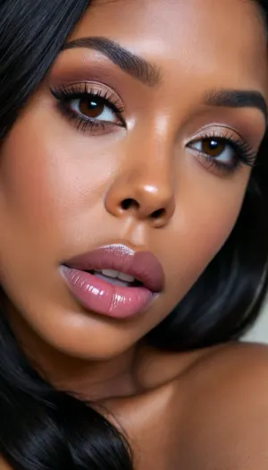 (1woman), 28 years old, ((curvy body)), Close-up girl, latin woman, curvy, ((dark skin)), ((round face)), (((brown skin))), (((full lips))), lavanda lipstick, closed mouth, lipgloss, small cute nose, standing, face, (((round medium breasts))), (((straight long black hair))), (((oiled skin))), (detailed black eyes), (((slut makeup))), ., (((not looking the camera))), nose earring, round earrings, (high resolution image), (perfect face), sexy, beauty, (ultra realistic:1.7), (maximum quality:1.5), (high resolution:1.7), (extreme detail:1.5), (ultra realism:1.6), 8k, he, photo was taken by Canon Eos, (maximum detailed skin:1.6), (((I was offended))), melanin, <lora:BUT_SDXL_SHS:.8>, <lora:melanin-XL:2>