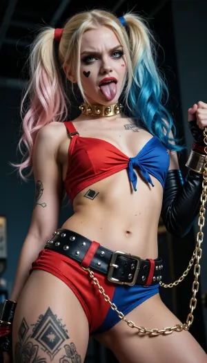 Hyper-realistic cosplay portrait of a girl dressed as Harley Quinn, (DC Comics), low angle shot from below, aggressive and crazy expression, sticking out her tongue, wide eyes. She has blonde hair split into two pigtails, left side is pastel pink, right side is bright blue. She wears a red and blue asymmetric bikini top tied in the middle, red harness straps, a black belt with silver studs, and red shorts with a gold chain. She has black face tattoos, (a small heart and diamond under her eyes), . Gold spiked choker. Intricate tattoos on her left thigh, (diamonds pattern), and right arm. Holding a golden chain. Dark moody background, cinematic lighting, dramatic shadows, 8k resolution, sharp focus, highly detailed skin texture and fabric.