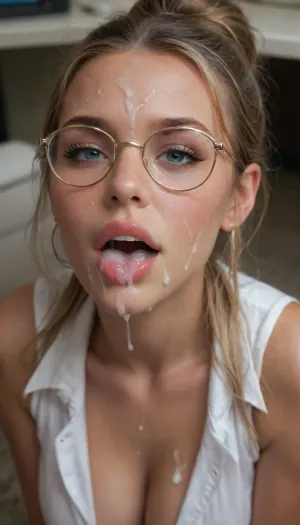 Sexy ginger cumslut bimbo shows off her cum covered face, cum on face, cum in mouth, cum overflowing, happy, exited, pretty, bimbo, cumslut, sexy round glasses, hair bun, secretary, seductive, more cum, the most cum possible, cum on forehead, cum on hair, cum on cheeks, cum puddle on boobs, woman, cum, on, face, <lora:JustCum:1.7>, <lora:White_Slime_V2-000008:.8>