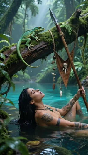 Ultra-realistic cinematic masterpiece, secluded hidden jungle pool, soft cool forest light, tranquil emerald, moss, teal and turquoise palette, dense green atmospheric mist, humid rainforest haze, suspended moisture catching filtered canopy light, 100 millimeter prime lens, extremely shallow depth of field, slightly elevated viewpoint looking gently down toward the pool, dense foreground composition, a massive ancient fallen tree trunk covered in thick emerald moss cuts diagonally across the frame, razor-sharp bark texture, deep cracks, microscopic moss fibers, tiny ferns, delicate vines, droplets of water and rainforest debris rendered in breathtaking micro-detail, focus locked on a small vivid emerald-green gecko resting naturally on the moss, only its head, front legs and front half visible, the rear body and tail disappearing out of frame, every scale, tiny claw, skin fold and intricate golden-green iris rendered with extraordinary realism, beside the gecko a very slender lightweight jungle throwing spear rests casually leaned against the moss-covered trunk, an elegant perfectly straight hardwood shaft only about 1.2 centimeters in diameter, subtly tapering, clearly designed for throwing, the hand grip wrapped tightly with thin weathered leather strips, fitted with an extremely long, narrow, needle-like polished metal spearhead, lightweight handcrafted construction, secured with fine leather bindings and natural fiber cord, draped clearly over a branch of the same trunk hangs a recognizable primitive leather loincloth, broad triangular front panel made from thin weathered soft leather, narrowing toward the crotch, decorated with small dangling leather ties adorned with tiny bones, beads, shells and claw-like ornaments, long slender braided side cords for tying around the hips, approximately ten meters behind the foreground a crystal-clear turquoise jungle pool surrounded by dense tropical vegetation, a tribal woman, 28 years old, deep dark-brown skin, slender athletic physique, extensive dark tribal tattoos across her arms, shoulders, torso and legs, long wet black hair, wearing only a primitive bone and stone necklace, completely nude, her loincloth clearly absent because it hangs on the branch in the foreground, intentionally reduced to a soft atmospheric silhouette through extreme optical defocus, still fully in the water, sensually reclining and stretching in the cool pool, eyes closed, face turned slightly upward, completely relaxed, enjoying a peaceful pause from the hunt, her body clearly visible even beneath the water through the exceptional clarity of the turquoise-green pool and realistic optical refraction, the waterline remaining high enough that she is unmistakably immersed while her submerged torso, hips and legs remain softly perceptible under the surface, gentle ripples spreading around her, layered rainforest foliage dissolving into green haze, deep tonal separation, rich shadow depth, refined micro-contrast